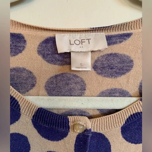 LOFT Preppy Polka Dot 3/4 Sleeve Purple Button Up Cardigan Women’s Size Small - Picture 2 of 6